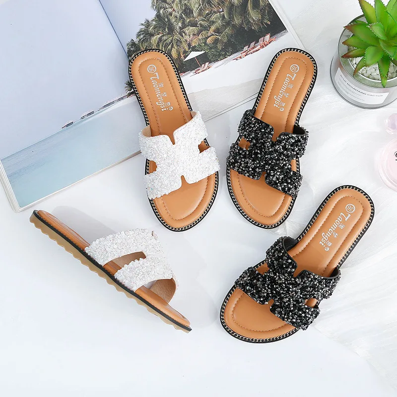 Блесток Стразы Верхняя Удобная обувь тапочки на открытом воздухе с открытым