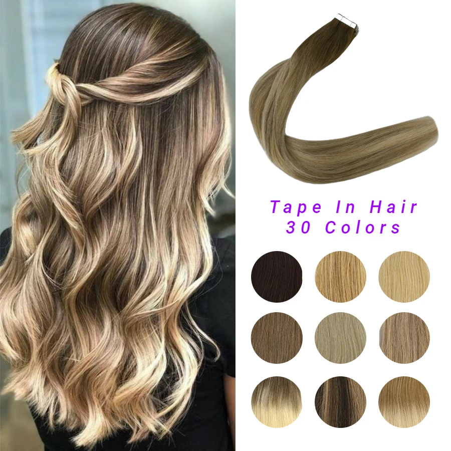 

MW Human Hair Tape In Extensions European Natural Seamless Skin Weft 12"-24" Black Brown Blonde Real Remy Silky Straight Hair