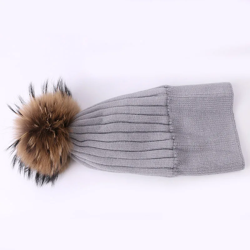 Winter Children Fleece Lined Beanie Hat With Real Fur Pompon Knitted Warm Thick Caps For Solid Color Outdoor Kids Bonnets | Аксессуары