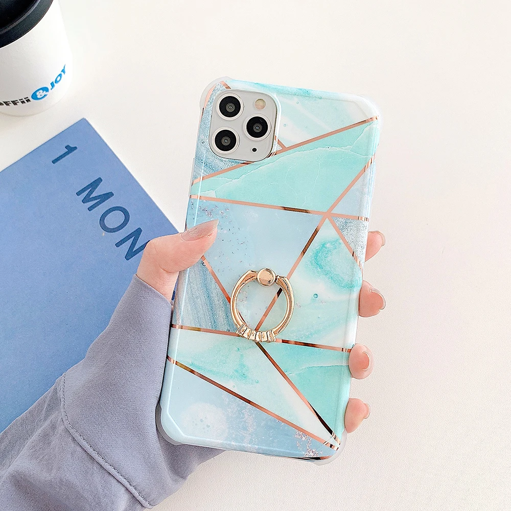 LOVECOM Electroplated Geometric Marble Phone Case For iPhone 12 11 Pro XR XS Max Corner Shockproof Soft Ring Finger Back Cover | Мобильные
