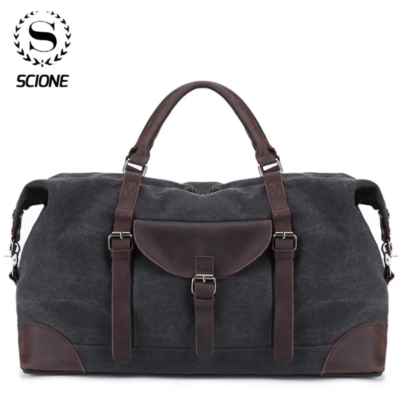 Scione Men's Canvas Large Travel Bag Luggage Vintage Sports Shoulder Leather Bag Capacity Carry On Overnight Weekend HandbagK164