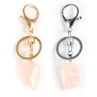 women natural pink crystal keychain gold silver color irregular gem stone quartz key chain metal lobster clasp key rings jewelry