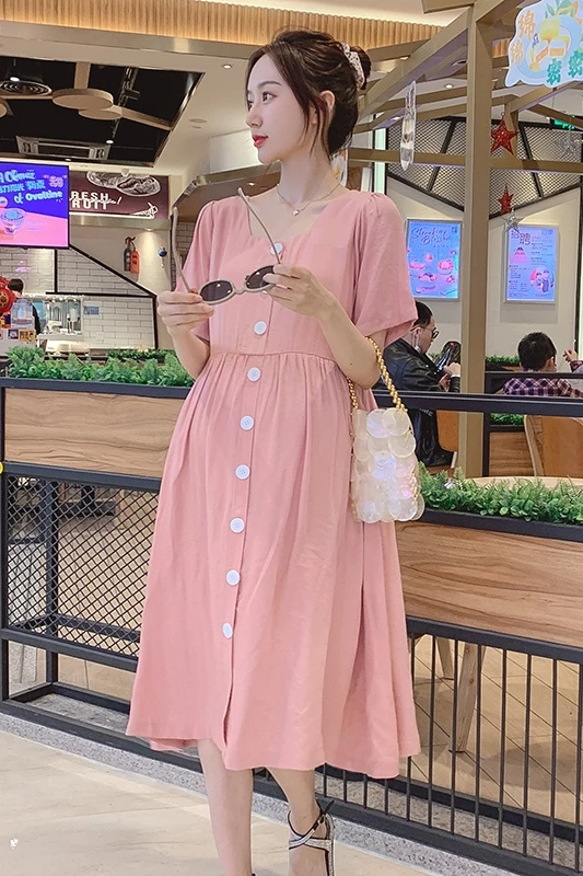 

6004# Summer Pink Cotton Maternity Long Dress Sweet Large Size Loose Clothes for Pregnant Women Lovely Pregnancy Clothing