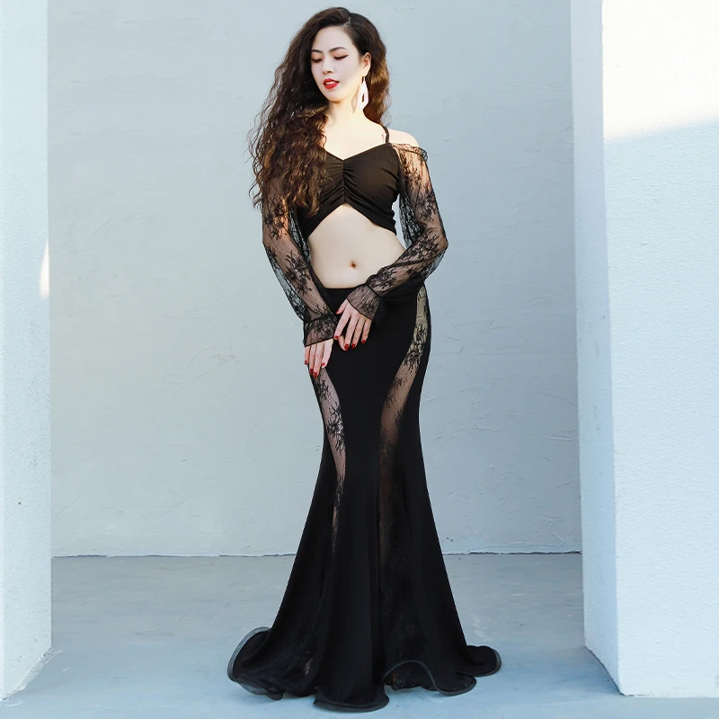 

New style belly dance women lace stitching elegant temperament fishtail skirt practice performance suit