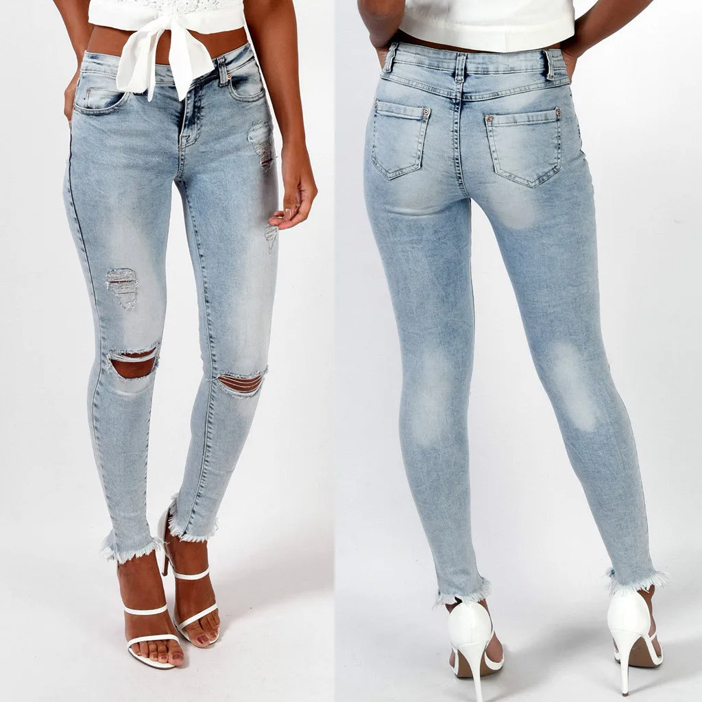 

Vogue Nice Explosion Models Ladies Pocket Washed Jeans Solid Color Hole Worn Out Casual High Waist Fashion Loose Ladies