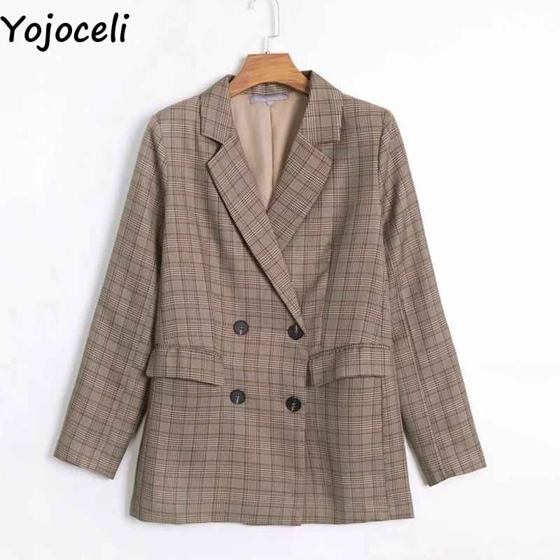 Yojoceli/пикантные элегантные вечерние длинные женские блейзеры в клетку; сезон осень; крутые повседневные офисные женские блейзеры; куртки; зимняя теплая верхняя одежда