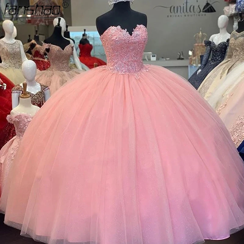 Fanshao wd310 uinceanera блестящие тюлевые жемчужные бусины аппликации без бретелек для 15
