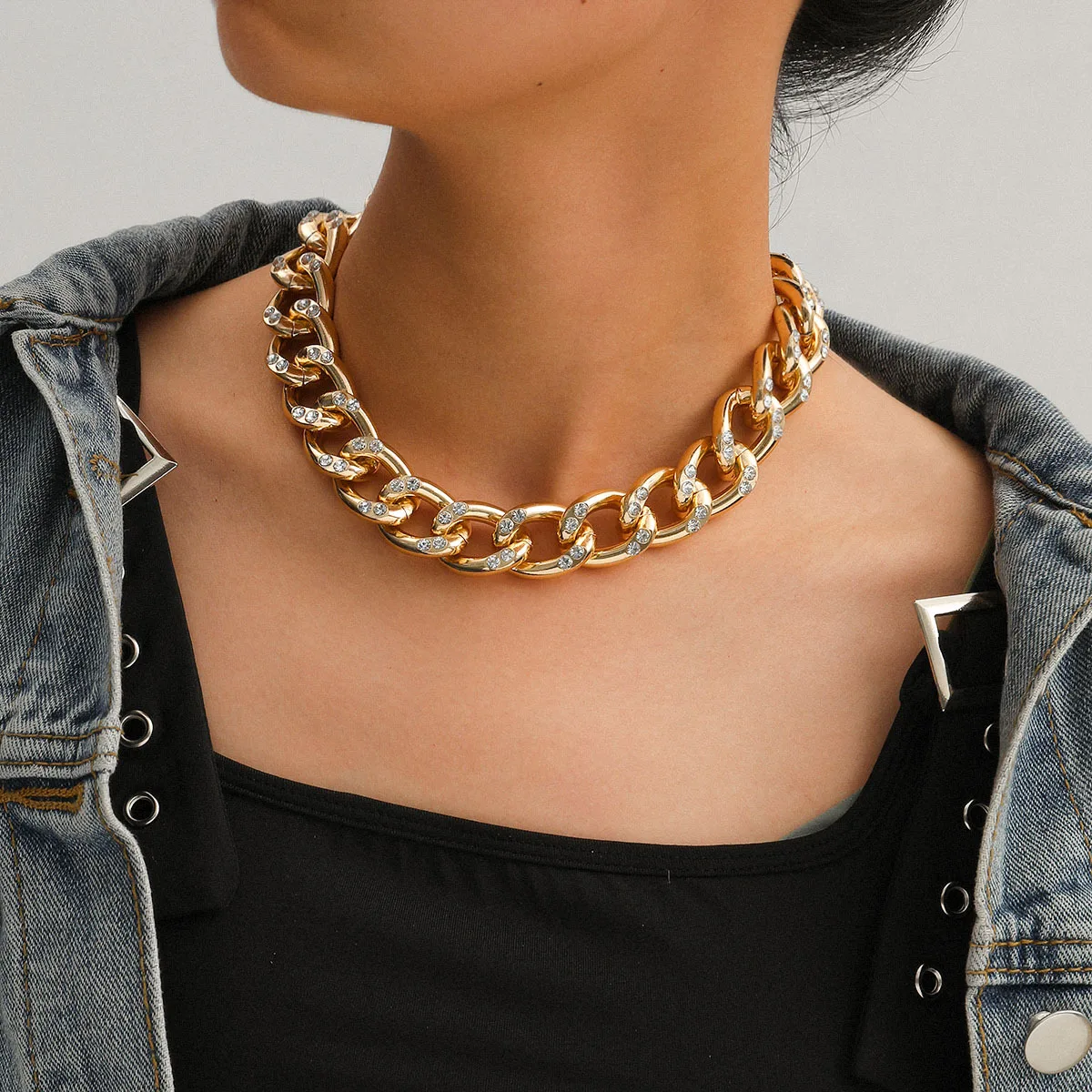 

Fashion Punk Choker Necklace Popular Crystal Hip Hop Big Chunky Metal Gold Color Thick Chain Necklace Women Jewelry Gifts