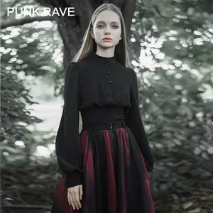 Женская шифоновая блузка в стиле панк-рейв, повседневная готическая Черная Рубашка с длинными рукавами, универсальная блузка с пышными рукавами и зауженной талией на раннюю осень