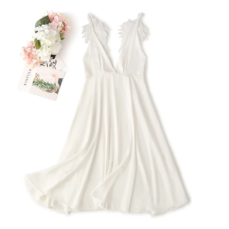 

Pink Spaghetti Strap Nightgown Novelty Sleepwear Women Satin Sleep Dress Sexy V-neck Nightdress Female Solid Home Dress