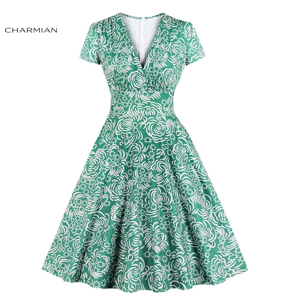 Charmian женские Сексуальные Глубокий V зеленые маргаритки печати короткий рукав
