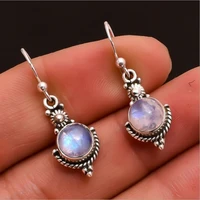 hot sale antique silver color round moon stone opal dangle earrings engraving flower pattern for women party jewelry