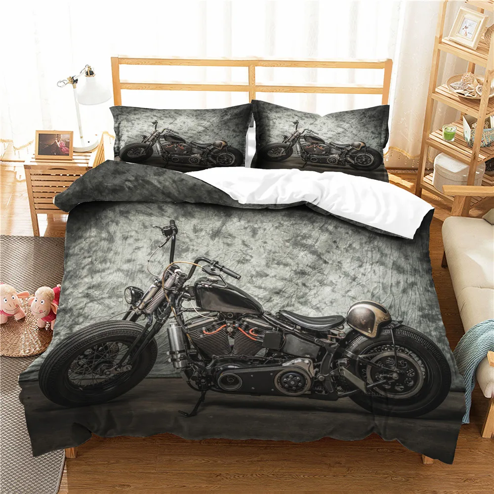 

3d Motorcycle Printed Bedding Set Retro Black And Grey Down Quilt Set For Boys' Bedroom Set Full Queen Single And Double Size
