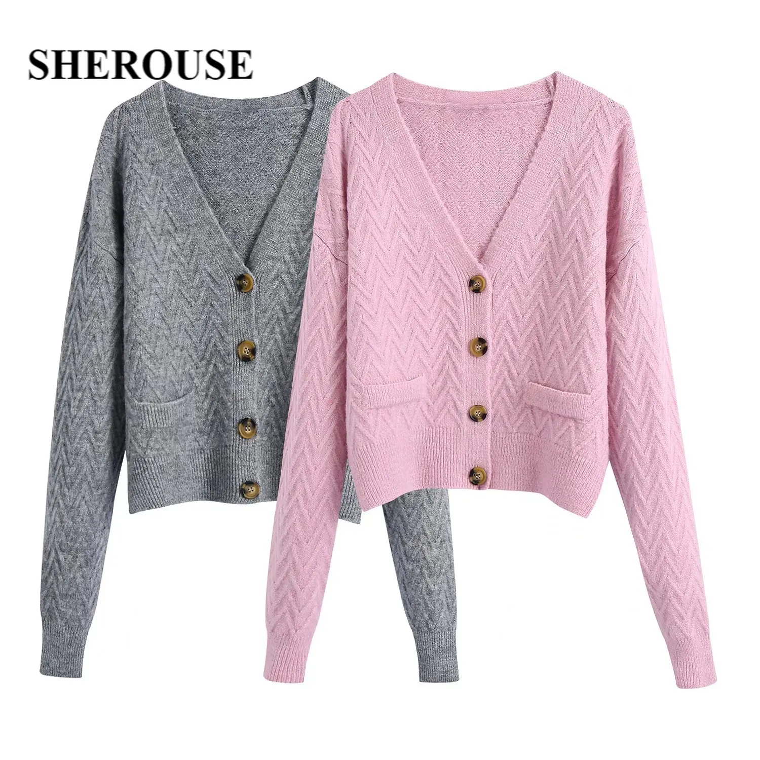 

SHEROUSE Women Vintage Knitted Cardigan Single Breasted Long Sleeves V-Neck Woman Fashion Knit Sweater Chic Knitwear Tops
