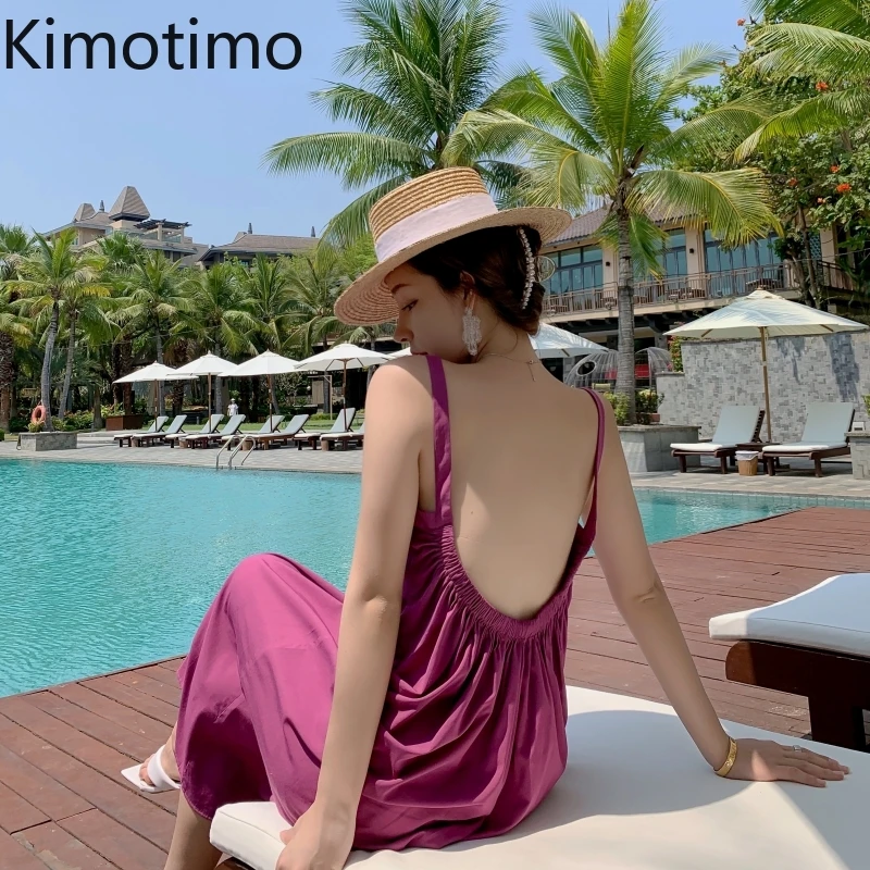 

Kimotimo Beach Style Dress Women 2021 Summer Seaside Vocation Solid Sexy Backless Spaghetti Strap Mid-length Dress Ins Vestidos