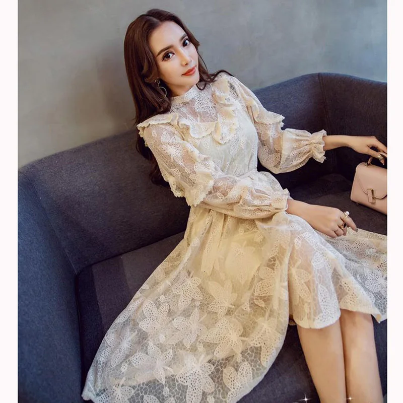 Высококачественное весеннее элегантное платье для женщин Новое кружевное с