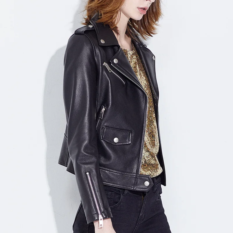 

2021 spring new leather clothes women's short temperament commuter suit collar motorcycle leather jacket