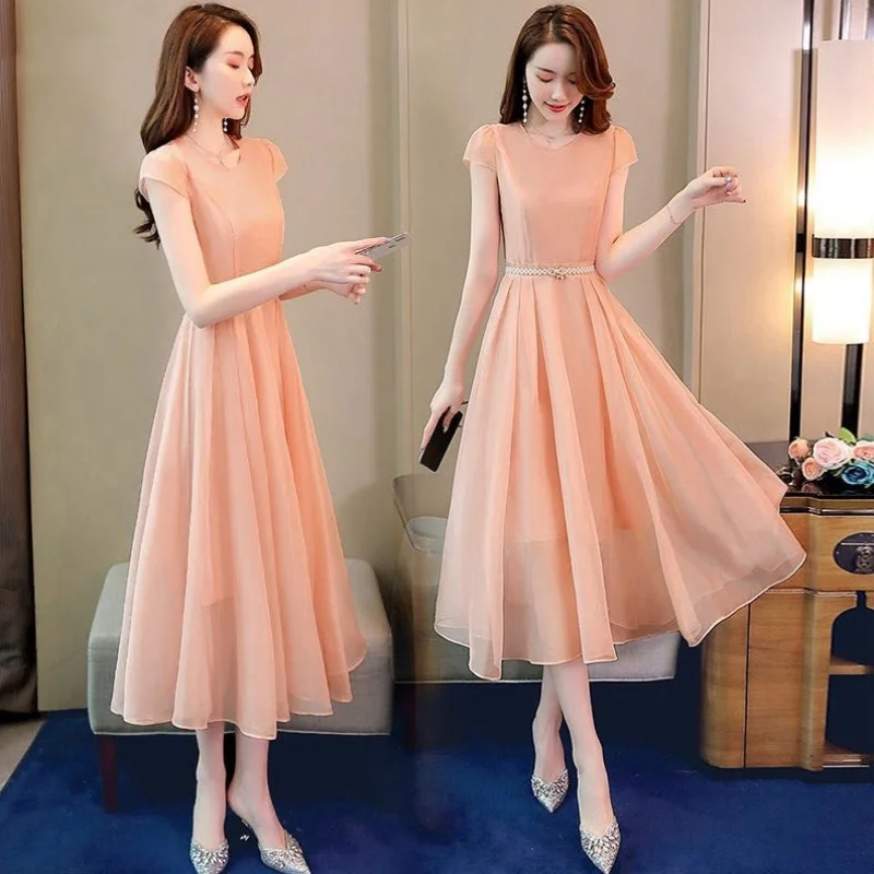 

High Grade Vestido Summer Femininity Long Dresses Slim Elegant Empire Waist Short Sleeves A-Line Dress Chiffon Navy Pink Dresses