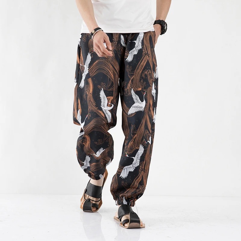 

Casual Men Harem PantsSpring Summer Male Trousers Chinese Style Printed Full Pants Drawstring Sweatpants Plus Size M-5XL