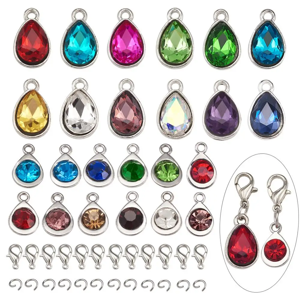 

1box Glass Pendants Teardrop Charms with Lobster Claw Clasps Jump Rings for DIY Pendant Making Bracelet Necklace Handmade