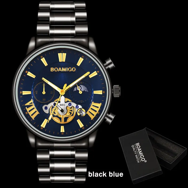 F933A black blue box BOAMIGO, мужские часы, Лидирующий бренд, Роскошные, водонепроницаемые, под платье, кварцевые, деловые, мужские часы, часы, повседневные, механические, турбийон, спортивные часы - Цвет: F933A black blue box