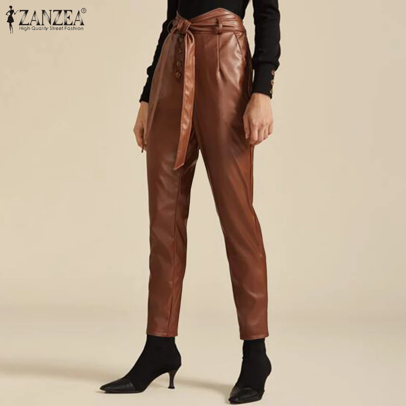 

Fashion PU Leather Pants Women's Autumn Trousers ZANZEA Casual Elastic Waist Long Pantalon Palazzo Female Solid Turnip