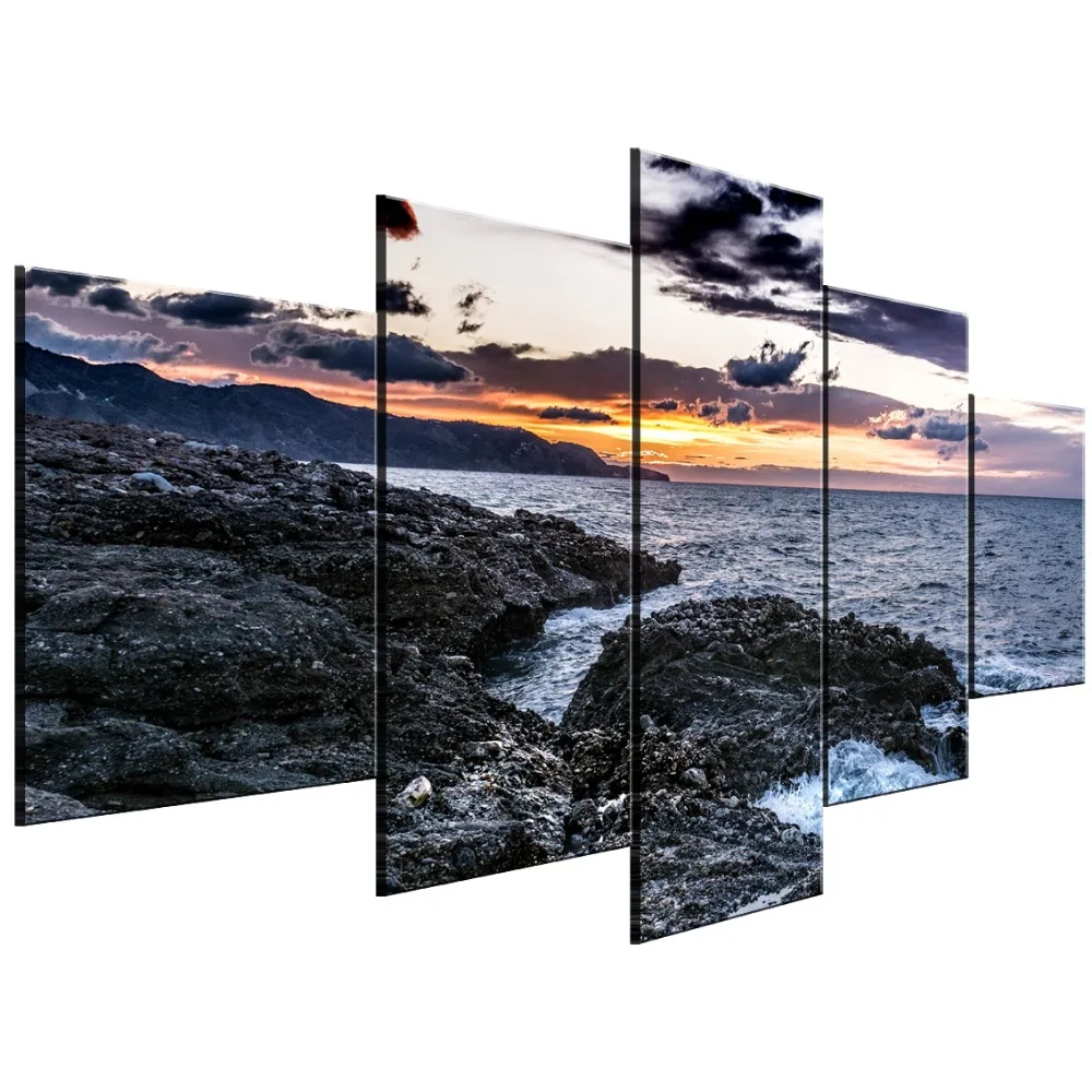 

5 Piece HD Print Waves And Sunset Seaview Picture Painting Canvas Wall Art Picture Home Decoration Living Room Canvas Painting