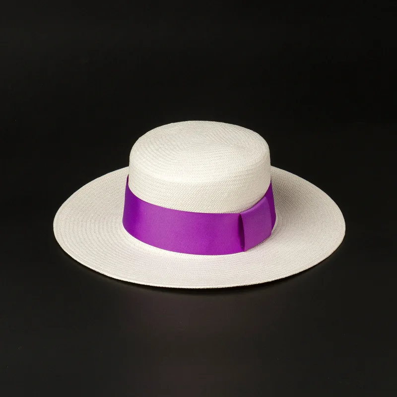 

New Purple Ribbon Party Hats For Women White Panama Wedding Flat Hat Ladies Holiday Beach Hats Wholesale