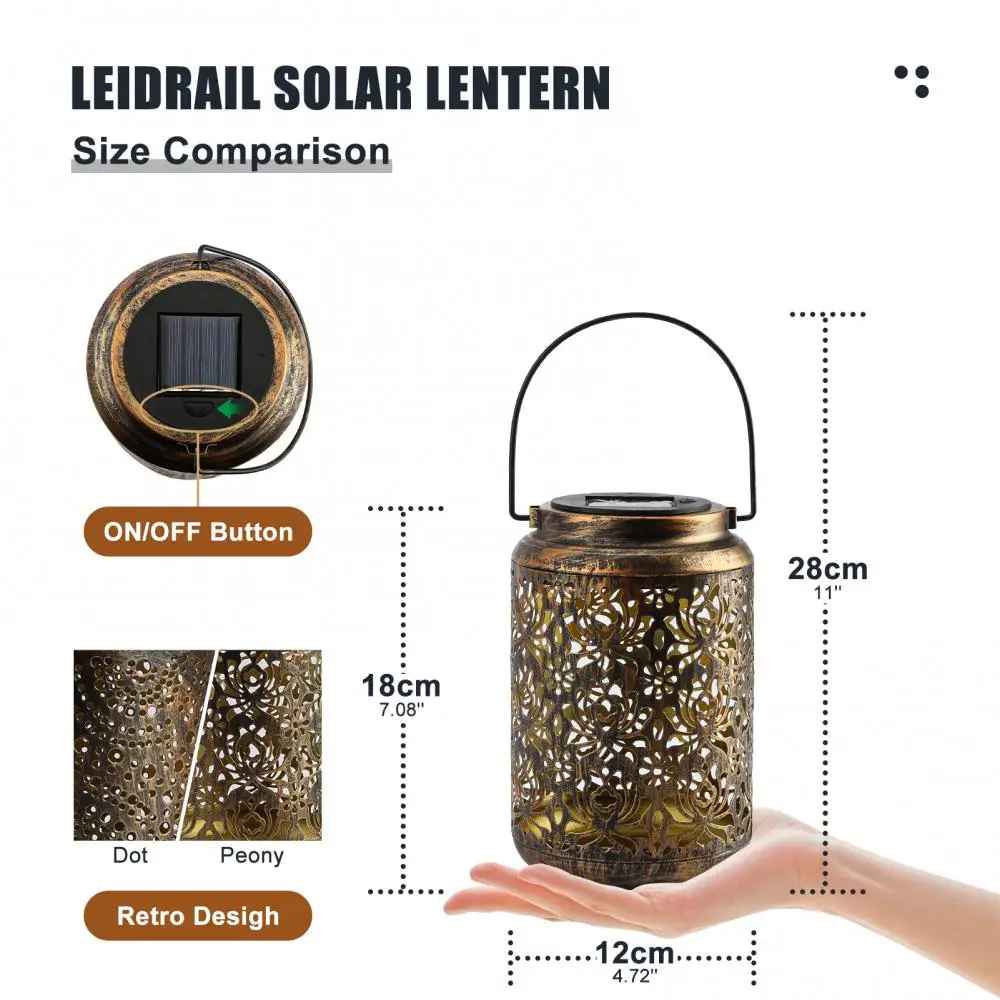 

Hot Sales!! Solar Lantern Outdoor Retro Hanging Waterproof Warm White LED Iron Light with Handle Bronze Garden Decor Lighting La