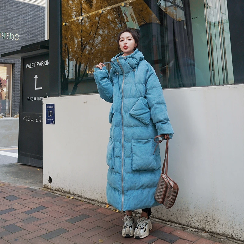 

2020 Winter Blue Long Cotton Women's Jacket Thick Warm Casual Fashion Jacket High Quality Corduroy Fabric Women's Parka Coat