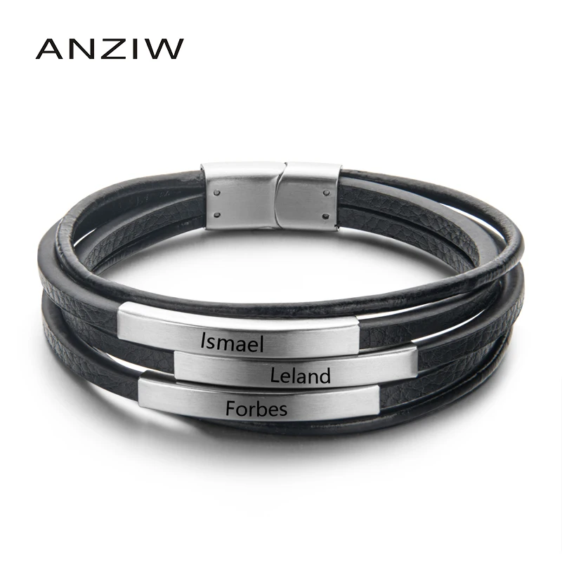 Многослойный кожаный браслет для мужчин с гравировкой имени животного|Гибкие и