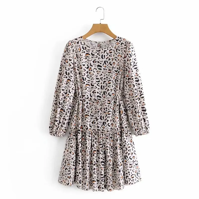 

Za 2020 Vintage Women Dress Leopard Print Ruffles Mini Dress Long Sleeve Sashes Loose Dresses Fashion Female Elegant Vestidos