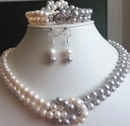 

Комплект ювелирных изделий из натурального жемчуга, комплект из ожерелья, браслета и сережек с натуральным пресноводным жемчугом AA 7-8 мм, цвет белый и серый