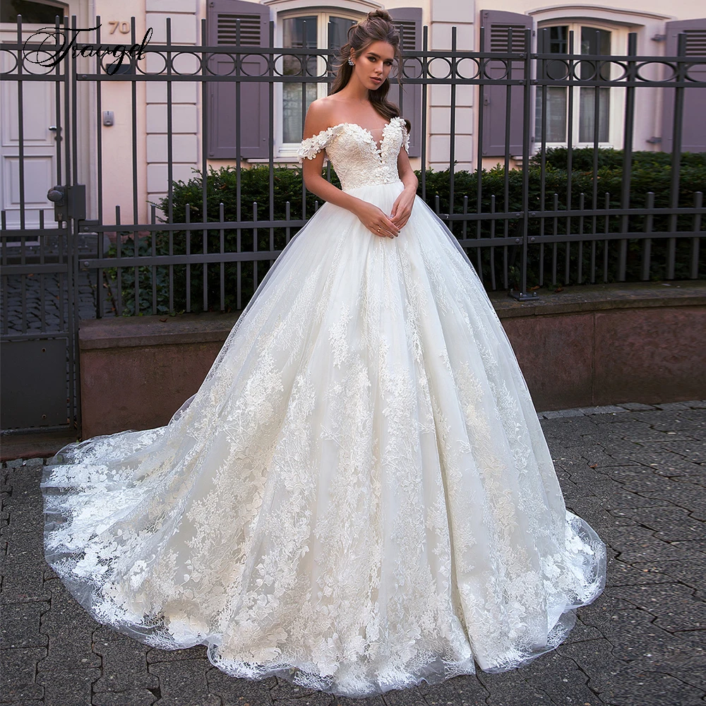 

Traugel Sweetheart A Line Lace Wedding Dresses Applique Off The Shoulder Backless Bride Dress Court Train Bridal Gown Plus Size