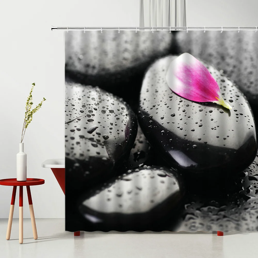 

Wood Grain Zen Stone Waterproof Shower Curtain Chinese Style Bamboo Petal SPA Decorate Bathtub Home Decor With Hooks