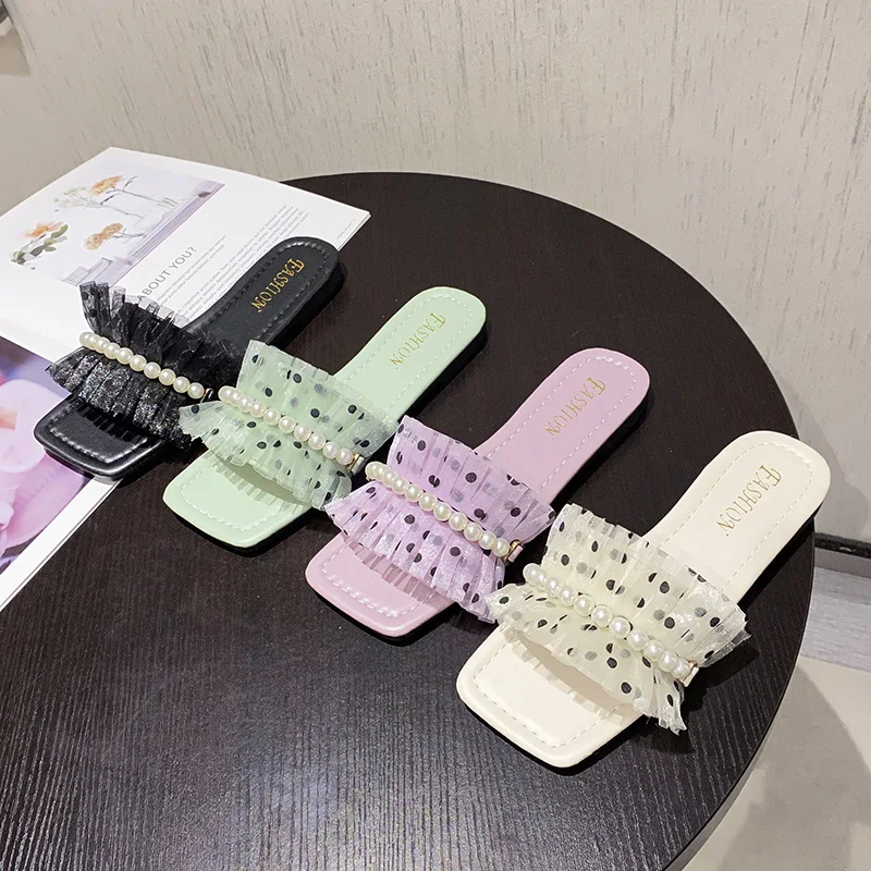 

Shoes Women Slippers Flat Shale Female Beach Luxury Slides Square heel String Bead Low Pantofle Soft Sabot Designer Block Summe