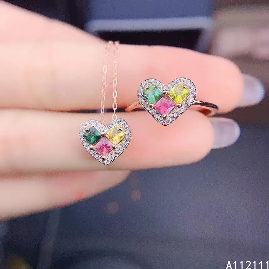 

Fine Jewelry 925 Pure Silver Inset With Natural Gemstones Women's Luxury Popular Heart Tourmaline Pendant Ring Set Support Detec