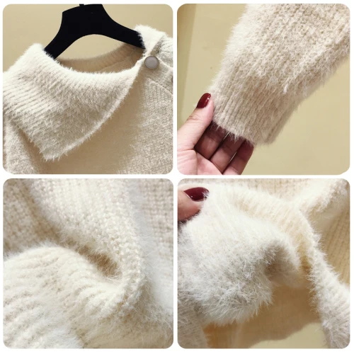 

2020 Spring Faux Mink Knitted Sweater Pullover Women Full Sleeve Turn-down Collar Buttons Casual Fashion Korean Tops Sweaters