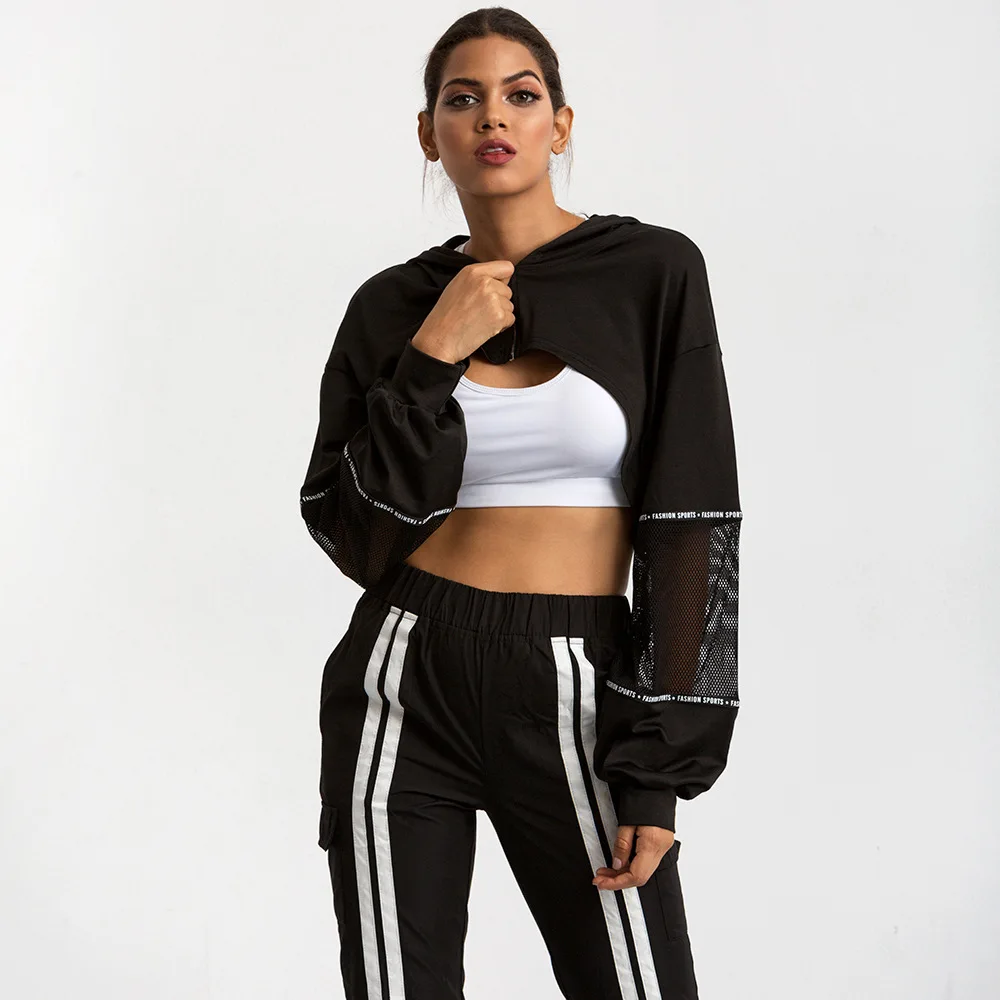 Черные однотонные Топы с длинным рукавом женские толстовки для бега свободные на