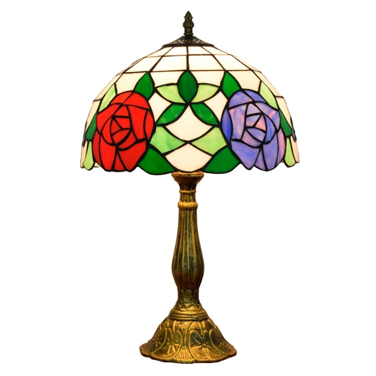 

30CM Creative rural rose Red purple retro bedside table lamp American Tiffany's stained glass bar decorative art lamp