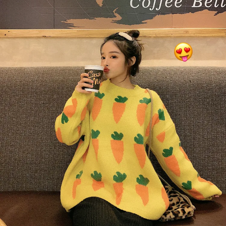 

Women's Clothing Cute Kawaii Thick Loose Carrot Embroidery Sweater Lady Harajuku Ulzzang Sweaters For Women Ulzzang Knitted