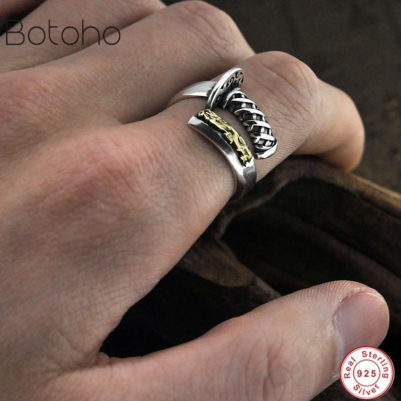 Мужское кольцо с самурайским мечом в стиле ретро серебряное открытым кольцом