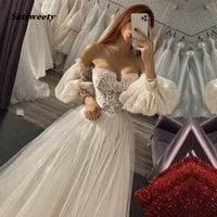 boho wedding dress 2022 sweetheart appliques lace a line puffy sleeves princess elegant wedding gown bride dresses plus size