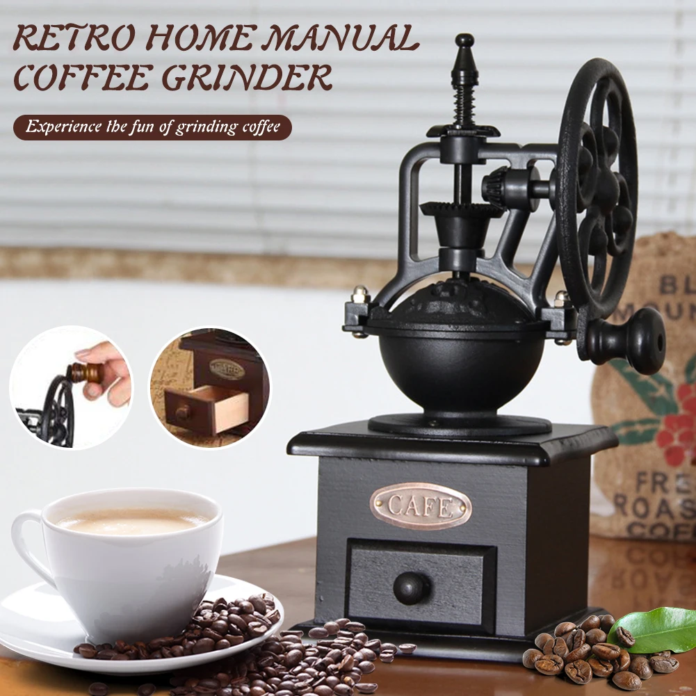 

Classical Wooden Manual Coffee Grinder Hand Cast iron Retro Handmade Coffee Beans Spice Mini Burr Mill Grinders Kitchen Tool