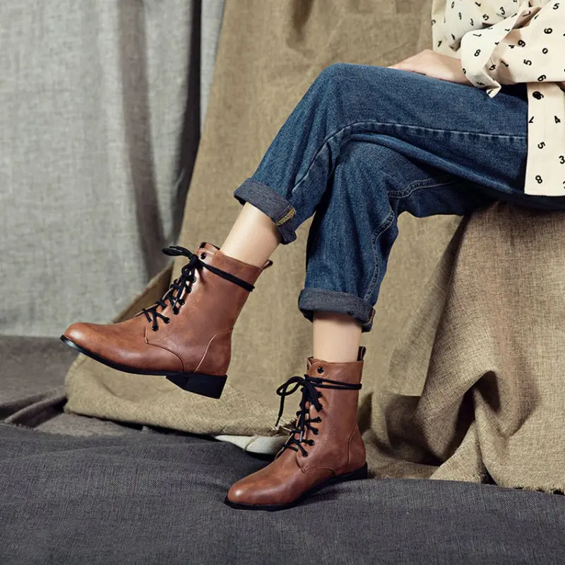

new Mid-Calf Women martin boots new Winter Boots Round Toe shoes Punk chunky Fashion Female Shoes Lace-up Big Size 48 43