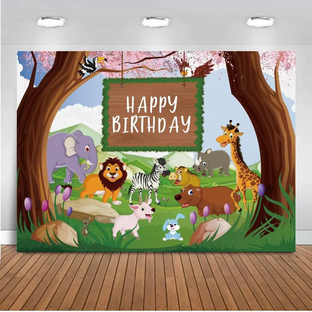 

Background Photography Jungle Safari Party Animals Cartoon Lion Forest King Photo Backdrop Birthday Party Photocall Studio