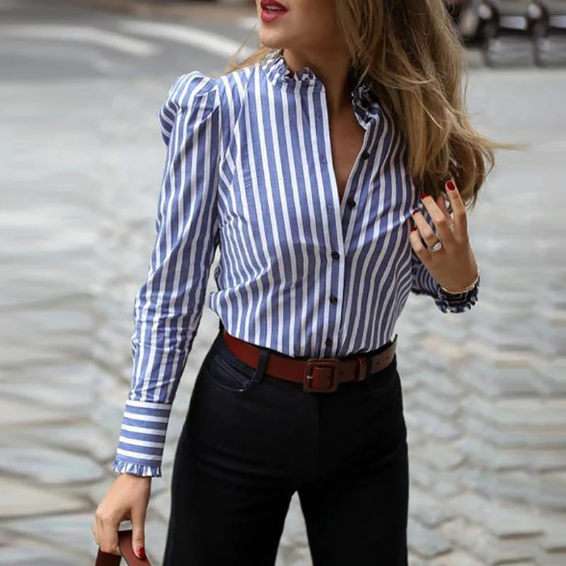 Женская Повседневная Блузка в полоску, с длинным рукавом и оборками на подоле, элегантная Рабочая Рубашка