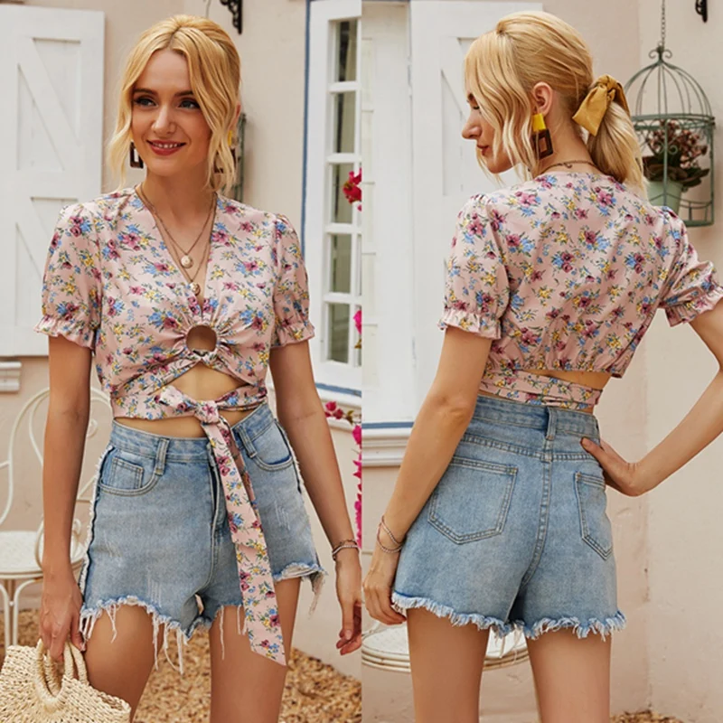 

Sexy Deep V-Neck Women Blouses Short-Sleeve Tops Floral Print Shirts Female Summer Tops