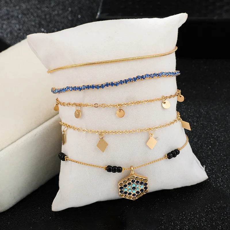 Vintage Fashion Multilayer Chain Ankle Anklets For Women Trendy Blue Crystal Metal Sequin Charm Anklet Foot Jewelry | Украшения и