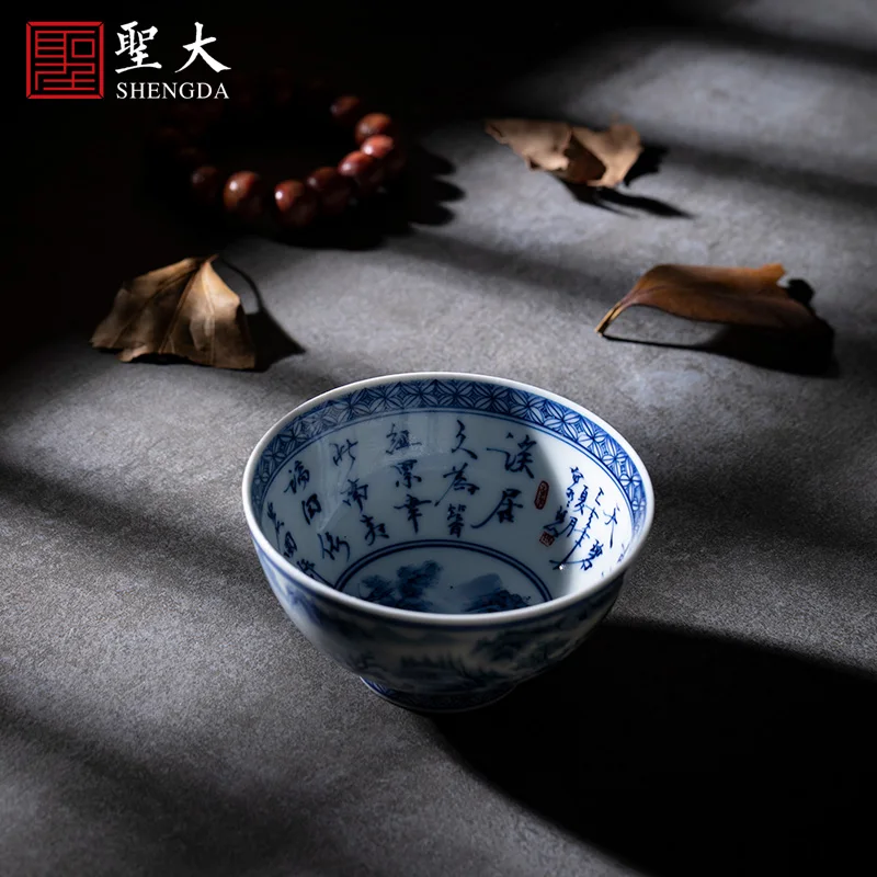 

tea cup hand painted blue and white mountains and waters in the stream house master cup tea cup Jingdezhen tea set